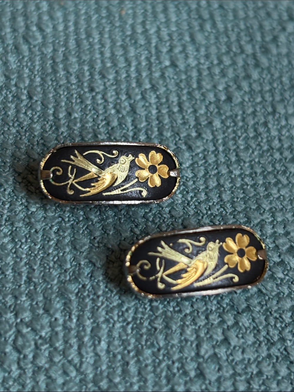 Vintage Spanish Damascene Earrings, Posts, Beautiful Toledo Bird Design, 1970s